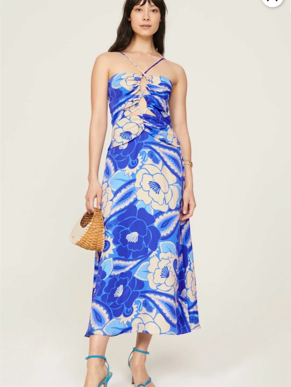 Farm Rio Tropical Grove Blue Floral Strappy Midi Dress